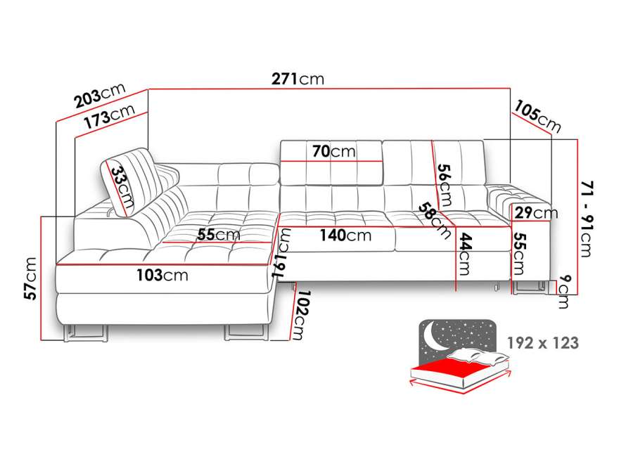 Diagram of Corner Sofa Bed LARSON with dimensions.