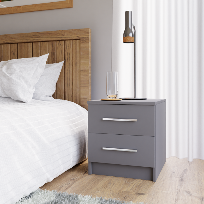 The MARSYLIA bedside table in graphite in a nice bedroom.