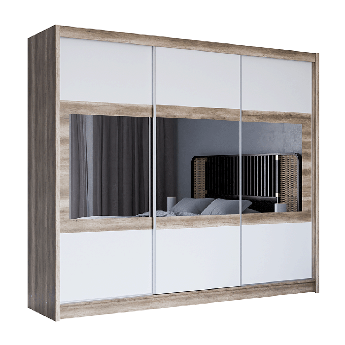 The sliding door wardrobe SALWADOR 250cm oak canyon + white with horizontal mirrors on doors.