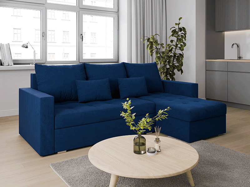 Folded corner sofa bed FOSTER midnight, right corner in beautiful and cosy living room.