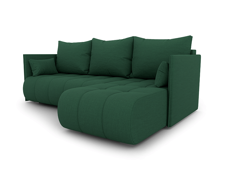 The folded corner sofa NESSA in bottle green colour.