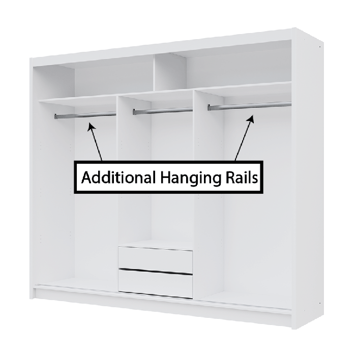 The interior of the PARIS LUX 250cm wardrobe presenting a different configuration of 2 shelves, 3 hanging rails and 2 drawers