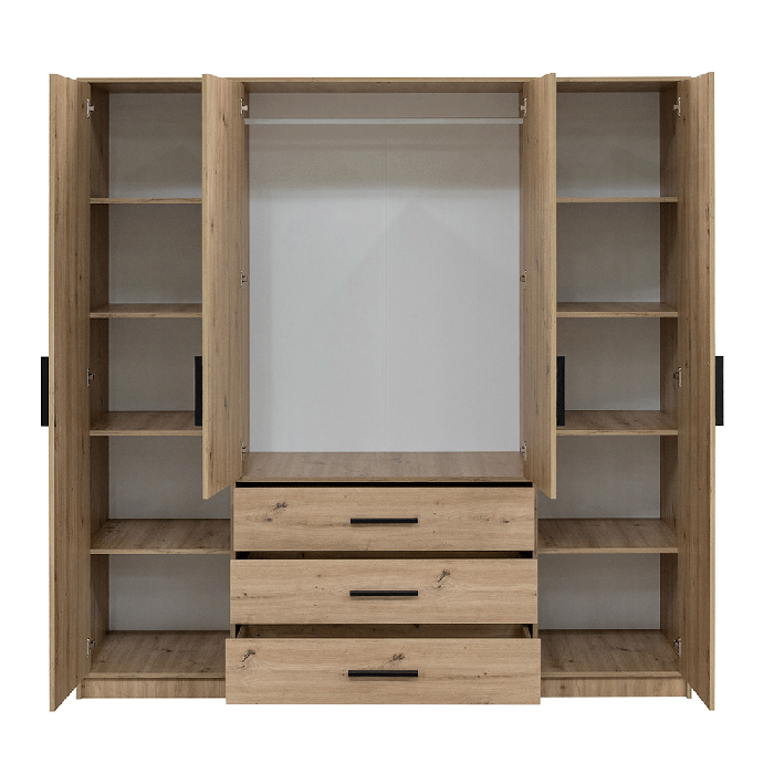 Wardrobe KOS D4 in oak artisan open, showing the 8 shelves and hanging rail inside.