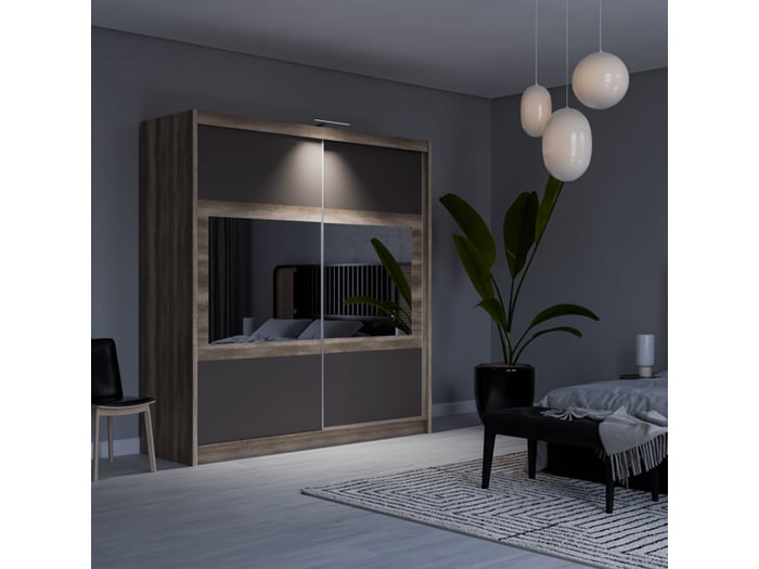 The sliding door wardrobe SALWADOR 203cm oak canyon + lava with horizontal mirrors on doors and LED light in a cosy bedroom