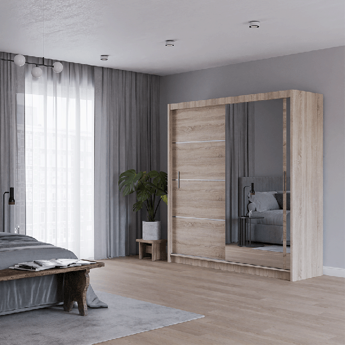 The sliding door VISTA 203cm oak sonoma with mirrored door in a cosy bedroom.