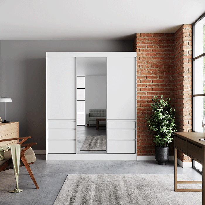 The sliding door wardrobe HAIDAR 180 white with mirrored door in a cosy bedroom.