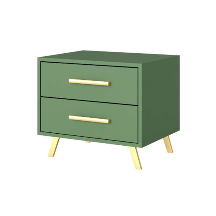 The BALI bedside table in lincoln green with golden legs and handles.
