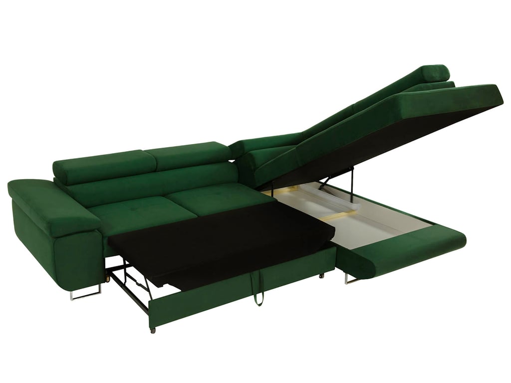 Corner Sofa Bed TORNADO showing sleeping function and storage container.