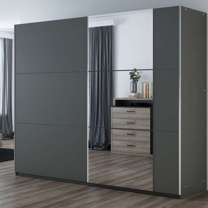 The sliding door wardrobe BASTIA 250cm graphite with mirrored door.