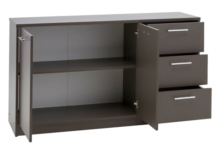 Sideboard BREMA in Lava with doors open showing the shelf inside and drawers open