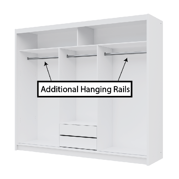 The interior of the MALIBU wardrobe presenting a different configuration of 3 hanging rails, 2 shelves and 2 drawers