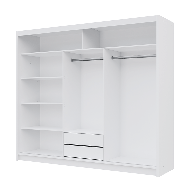 The interior of the MONAKO 250cm wardrobe presenting 5 shelves, 2 hanging rails and 2 drawers