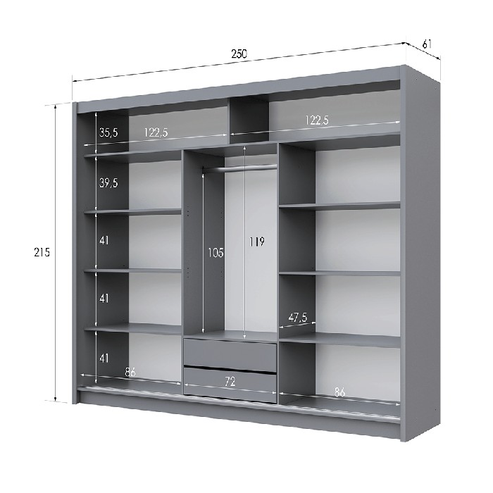 The interior and dimensions of the BATUMI 250cm wardrobe presenting 1 hanging rail, 8 shelves, and 2 drawers 