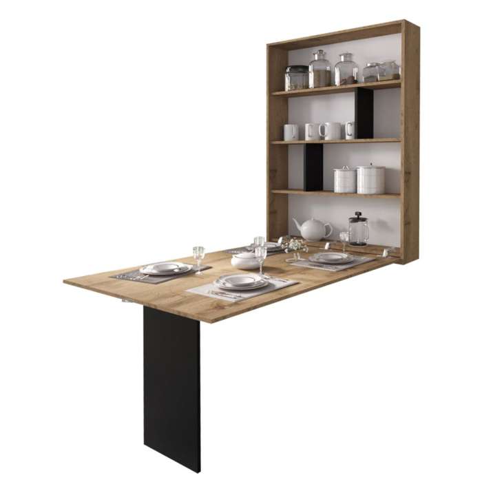 Unfoldable Table AMLAN - oak wotan / Black unfolded
