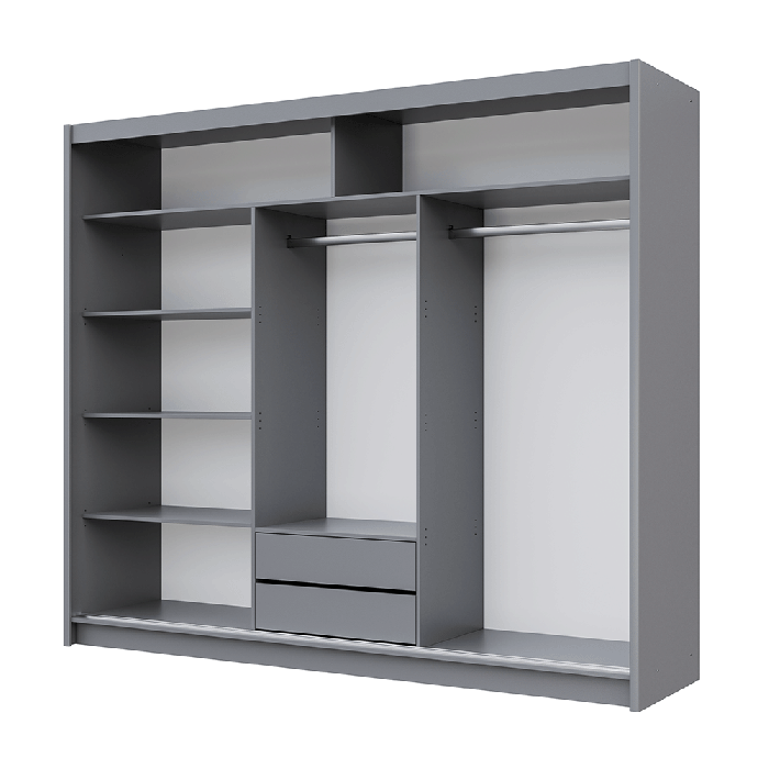 The interior of the BATUMI 250cm wardrobe presenting a different configuration of 2 hanging rails, 5 shelves and 2 drawers