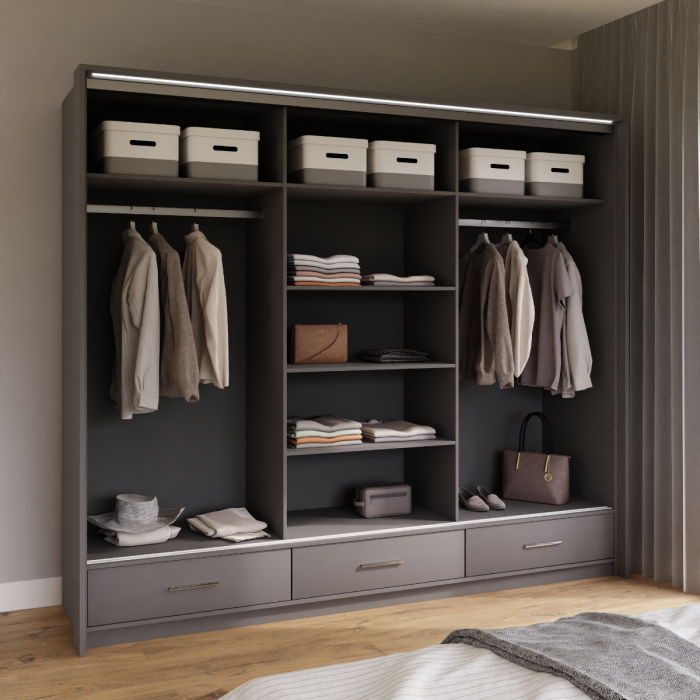 The interior of the MARSYLIA 255cm wardrobe presenting 6 shelves and 2 hanging rails, with 3 drawers on the outside