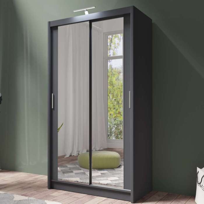 PARIS 120cm graphite sliding door wardrobe with full-length mirrors, in a bedroom