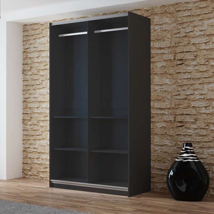 The interior of the VIGO 120cm wardrobe presenting a hanging rail and 2 shelves on each side of the wardrobe