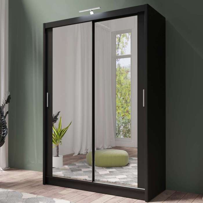 PARIS 150cm black sliding door wardrobe with full-length mirrors, in a bedroom