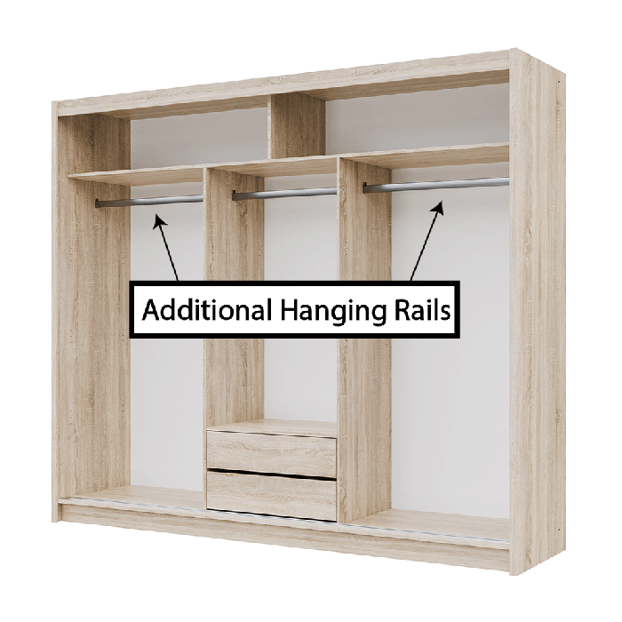 The interior of the MALIBU wardrobe presenting a different configuration of 3 hanging rails, 2 shelves and 2 drawers
