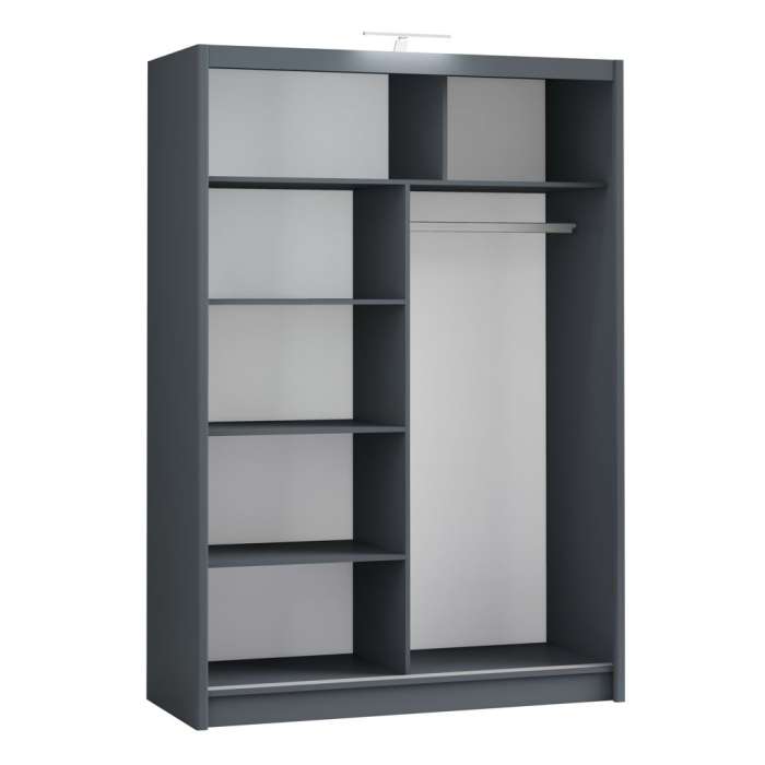Interior of the graphite PARIS 150 wardrobe, with 5 shelves and a hanging rail