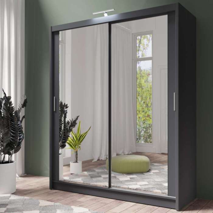 PARIS 180cm graphite sliding door wardrobe with full-length mirrors, in a bedroom