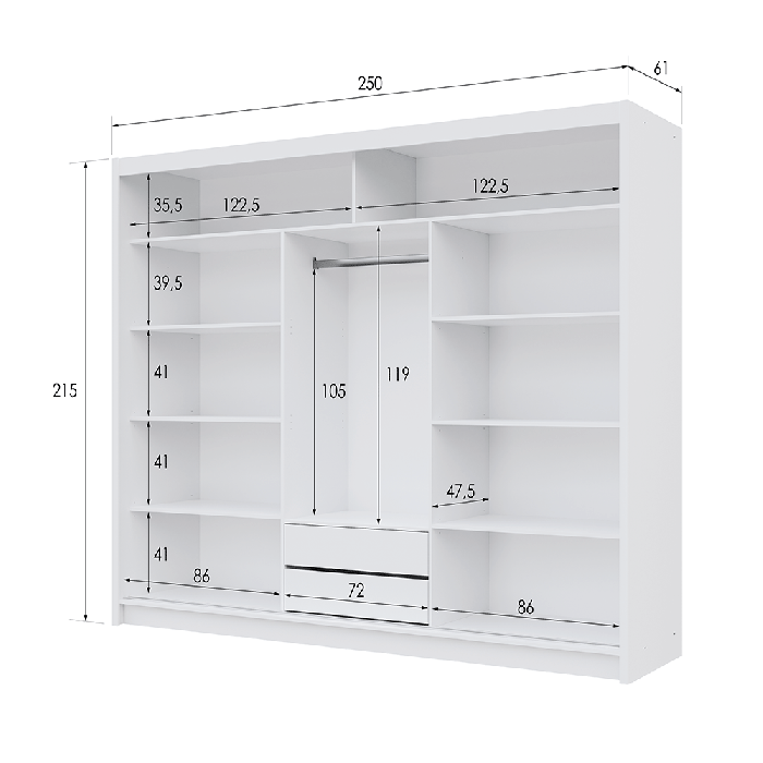 The interior and dimensions of the BATUMI 250cm wardrobe presenting 1 hanging rail, 8 shelves, and 2 drawers 