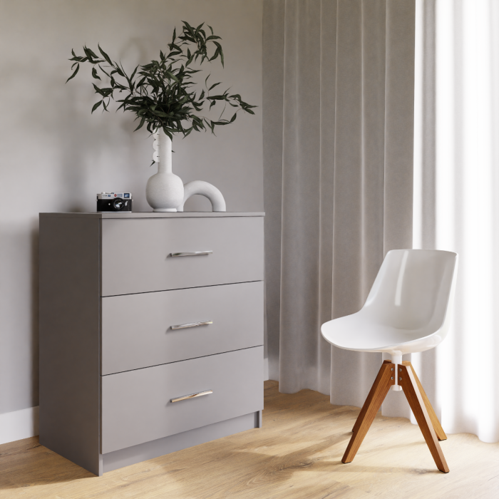 The MARSYLIA chest of drawers graphite with 3 drawers in a cosy bedroom.