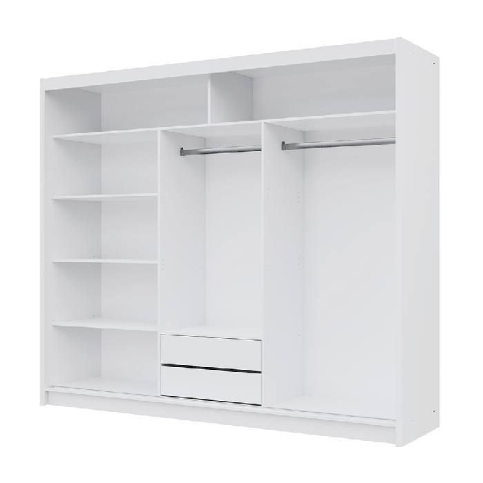 The interior of the PRESTON wardrobe 250cm presenting a different configuration of 2 hanging rails, 5 shelves and 2 drawers.