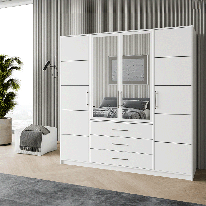 The BALI D4 wardrobe in white in a modern living room.