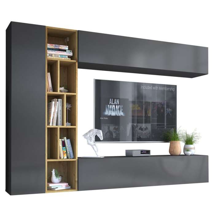 Wall Unit KATECH in Grey / Grey + Oak Artisan