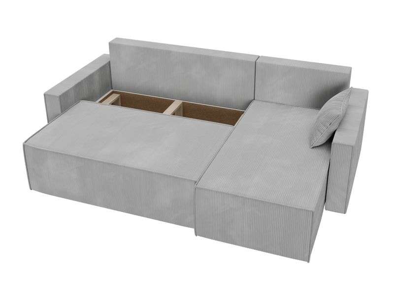 Corner Sofa Bed CORD Light Grey showing the bedding container.