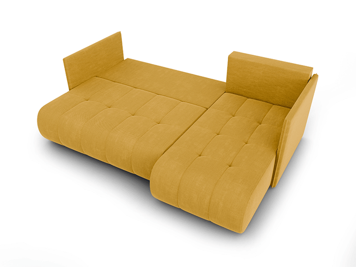 The mustard unfolded corner sofa NESSA presenting sleeping area.