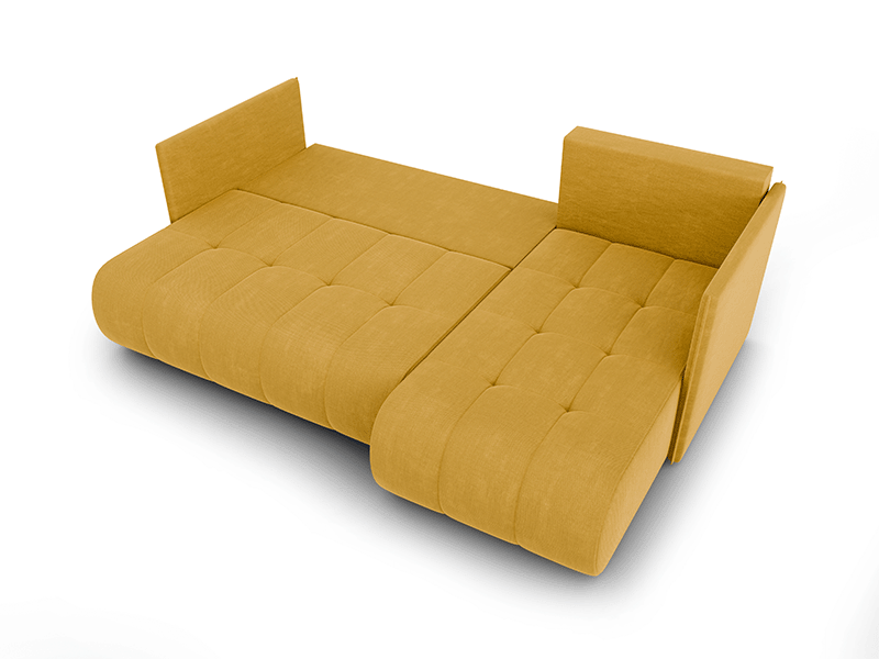 The mustard unfolded corner sofa NESSA presenting sleeping area.