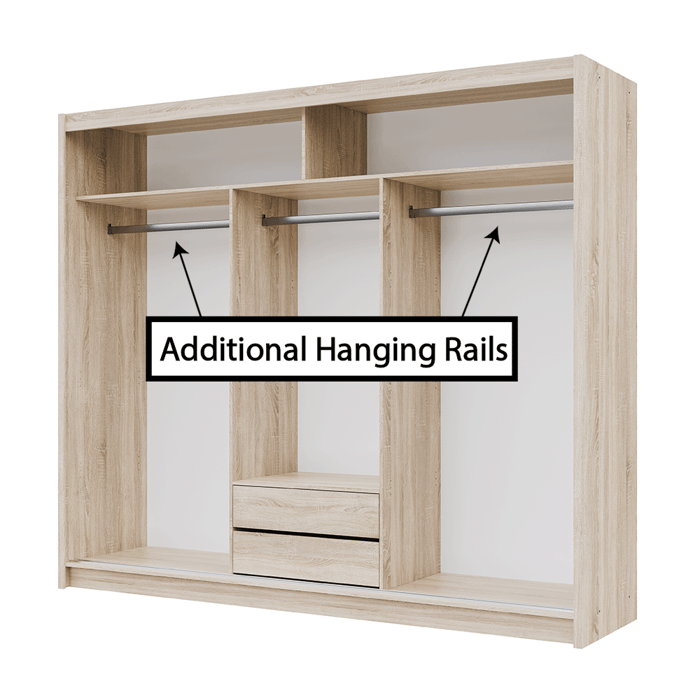 The interior of the MONAKO 250cm wardrobe presenting 2 shelves, 3 hanging rails and 2 drawers
