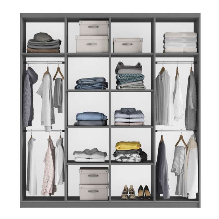 The interior of the PRAGA 200cm wardrobe presenting configuration of 4 hanging rails and 10 shelves.