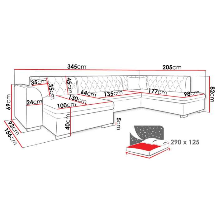 Diagram showing dimensions of Corner Sofa Bed GARWIN.