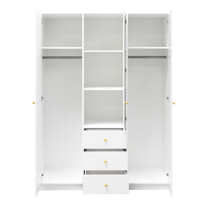 The interior of the SIENA D3 wardrobe presenting 4 shelves, 2 hanging rails, and 3 drawers