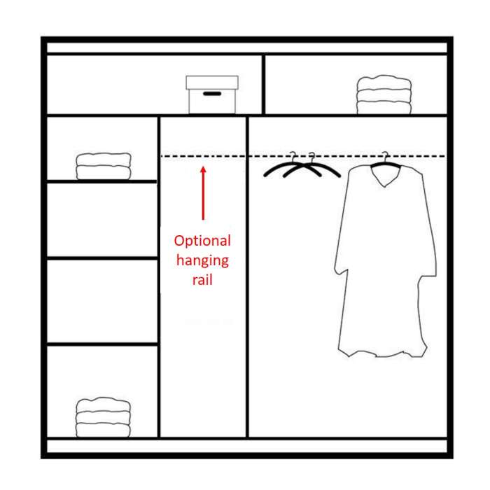 The interior of the SALWADOR 203cm wardrobe presenting a different configuration of 2 hanging rails and 5 shelves.