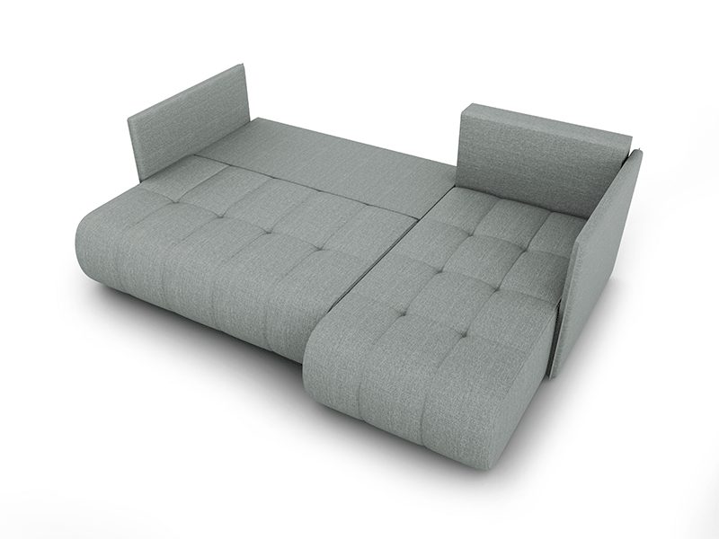 The black unfolded corner sofa NESSA presenting sleeping area.