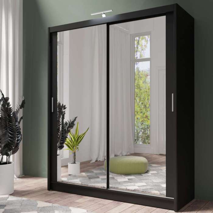 PARIS 180cm black sliding door wardrobe with full-length mirrors, in a bedroom