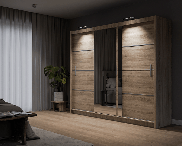 The sliding door VISTA 250cm oak sonoma displaying the LED in a cosy bedroom.