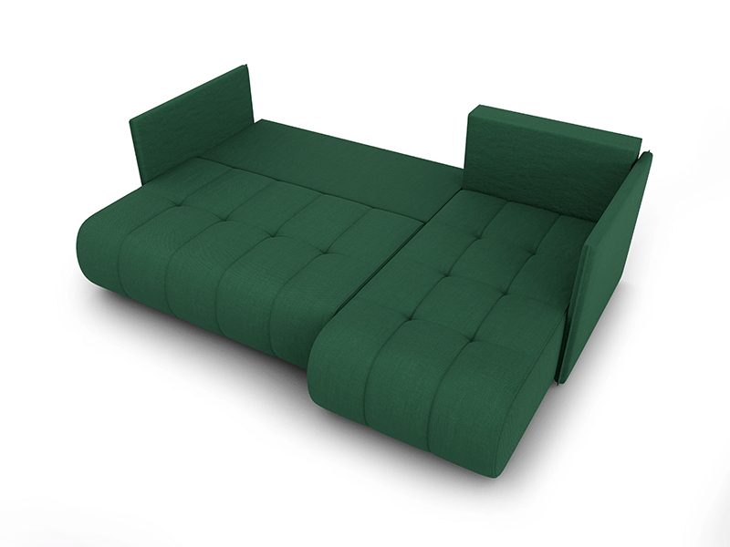 The bottle green unfolded corner sofa NESSA presenting sleeping area.