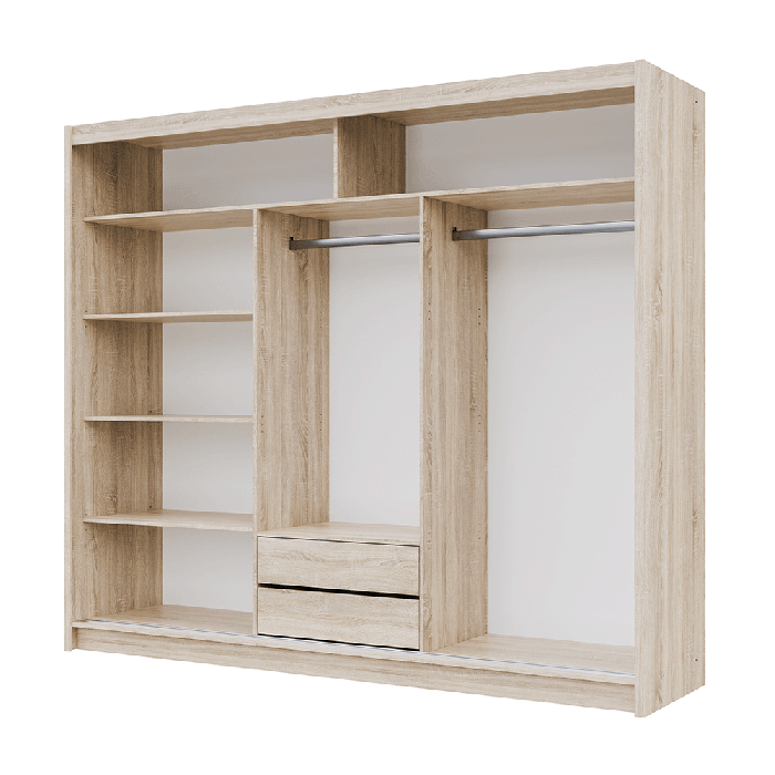 The interior of the MALIBU wardrobe presenting a different configuration of 2 hanging rails, 5 shelves and 2 drawers