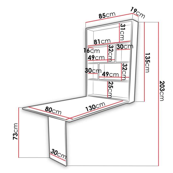 diagram showing dimensions of Unfoldable Table AMLAN