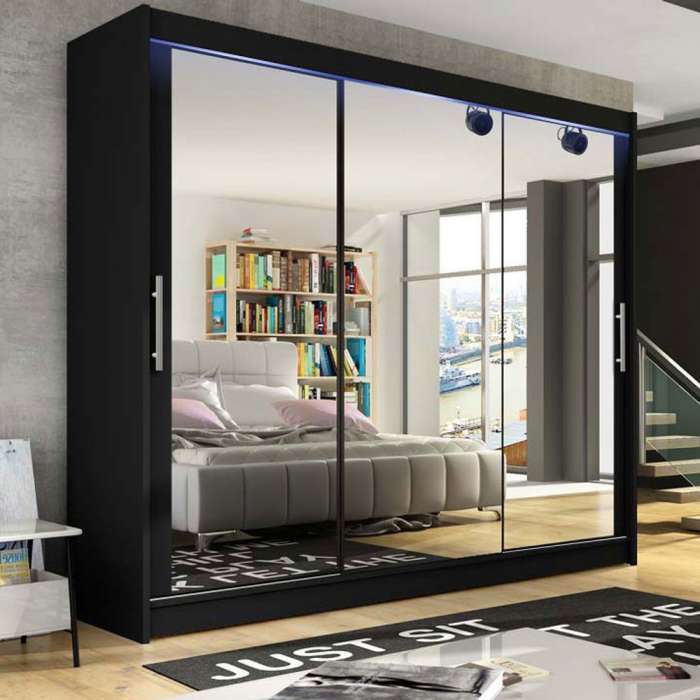 The sliding door wardrobe ASTINI III 250cm black with 3 mirrored doors and RGB LED lighting
