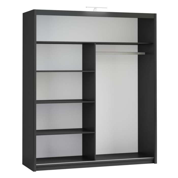 Interior of the black PARIS 180 wardrobe, with 4 shelves and a hanging rail
