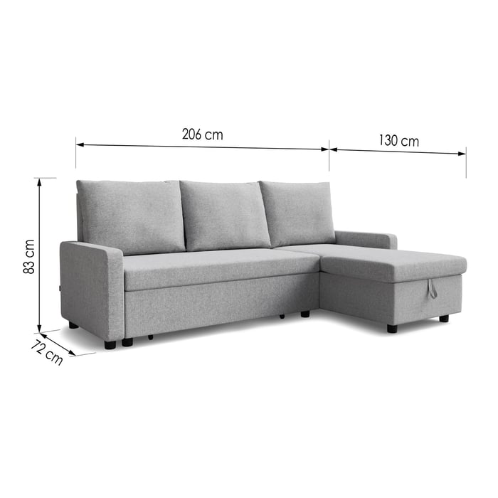 Corner Sofa Bed LYNDA - Grey with dimensions