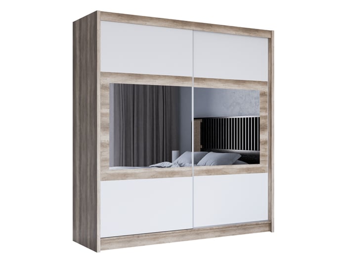 The sliding door wardrobe SALWADOR 203cm oak canyon + white with horizontal mirrors on doors.