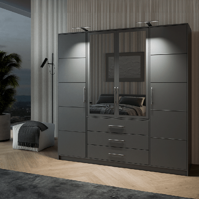 Wardrobe BALI D4 in graphite with double LED lights in cosy bedroom.